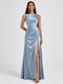 Sheath Scoop Pleated Floor-Length Silk Like Satin Bridesmaid Dress