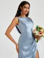 Sheath Scoop Pleated Floor-Length Silk Like Satin Bridesmaid Dress