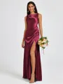 Sheath Scoop Pleated Floor-Length Silk Like Satin Bridesmaid Dress