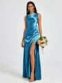Sheath Scoop Pleated Floor-Length Silk Like Satin Bridesmaid Dress