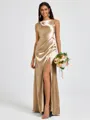Sheath Scoop Pleated Floor-Length Silk Like Satin Bridesmaid Dress
