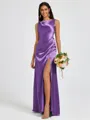 Sheath Scoop Pleated Floor-Length Silk Like Satin Bridesmaid Dress
