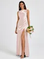 Sheath Scoop Pleated Floor-Length Silk Like Satin Bridesmaid Dress