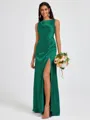 Sheath Scoop Pleated Floor-Length Silk Like Satin Bridesmaid Dress