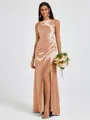 Sheath Scoop Pleated Floor-Length Silk Like Satin Bridesmaid Dress
