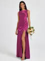 Sheath Scoop Pleated Floor-Length Silk Like Satin Bridesmaid Dress