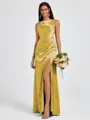 Sheath Scoop Pleated Floor-Length Silk Like Satin Bridesmaid Dress