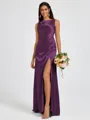 Sheath Scoop Pleated Floor-Length Silk Like Satin Bridesmaid Dress