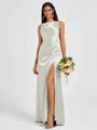 Sheath Scoop Pleated Floor-Length Silk Like Satin Bridesmaid Dress