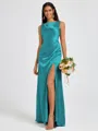 Sheath Scoop Pleated Floor-Length Silk Like Satin Bridesmaid Dress