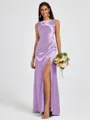 Sheath Scoop Pleated Floor-Length Silk Like Satin Bridesmaid Dress