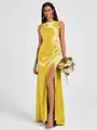 Sheath Scoop Pleated Floor-Length Silk Like Satin Bridesmaid Dress