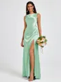 Sheath Scoop Pleated Floor-Length Silk Like Satin Bridesmaid Dress