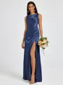 Sheath Scoop Pleated Floor-Length Silk Like Satin Bridesmaid Dress