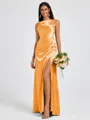 Sheath Scoop Pleated Floor-Length Silk Like Satin Bridesmaid Dress