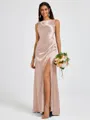 Sheath Scoop Pleated Floor-Length Silk Like Satin Bridesmaid Dress