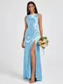 Sheath Scoop Pleated Floor-Length Silk Like Satin Bridesmaid Dress