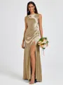 Sheath Scoop Pleated Floor-Length Silk Like Satin Bridesmaid Dress