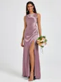 Sheath Scoop Pleated Floor-Length Silk Like Satin Bridesmaid Dress