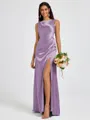 Sheath Scoop Pleated Floor-Length Silk Like Satin Bridesmaid Dress