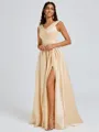 A-line V-neck Pleated Floor-Length Satin Bridesmaid Dress