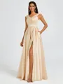 A-line V-neck Pleated Floor-Length Satin Bridesmaid Dress