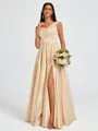 A-line V-neck Pleated Floor-Length Satin Bridesmaid Dress