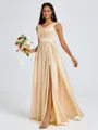 A-line V-neck Pleated Floor-Length Satin Bridesmaid Dress