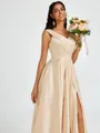 A-line V-neck Pleated Floor-Length Satin Bridesmaid Dress