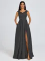 A-line V-neck Pleated Floor-Length Satin Bridesmaid Dress