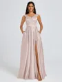 A-line V-neck Pleated Floor-Length Satin Bridesmaid Dress