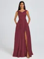 A-line V-neck Pleated Floor-Length Satin Bridesmaid Dress