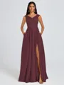 A-line V-neck Pleated Floor-Length Satin Bridesmaid Dress