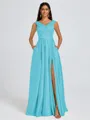 A-line V-neck Pleated Floor-Length Satin Bridesmaid Dress