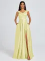 A-line V-neck Pleated Floor-Length Satin Bridesmaid Dress