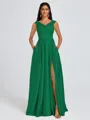 A-line V-neck Pleated Floor-Length Satin Bridesmaid Dress