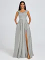 A-line V-neck Pleated Floor-Length Satin Bridesmaid Dress