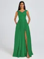 A-line V-neck Pleated Floor-Length Satin Bridesmaid Dress
