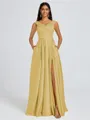 A-line V-neck Pleated Floor-Length Satin Bridesmaid Dress