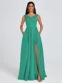 A-line V-neck Pleated Floor-Length Satin Bridesmaid Dress