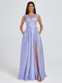 A-line V-neck Pleated Floor-Length Satin Bridesmaid Dress
