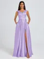 A-line V-neck Pleated Floor-Length Satin Bridesmaid Dress