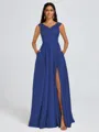 A-line V-neck Pleated Floor-Length Satin Bridesmaid Dress