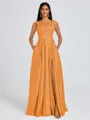 A-line V-neck Pleated Floor-Length Satin Bridesmaid Dress