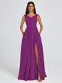 A-line V-neck Pleated Floor-Length Satin Bridesmaid Dress