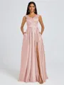 A-line V-neck Pleated Floor-Length Satin Bridesmaid Dress