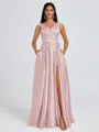 A-line V-neck Pleated Floor-Length Satin Bridesmaid Dress