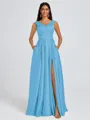 A-line V-neck Pleated Floor-Length Satin Bridesmaid Dress