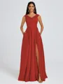 A-line V-neck Pleated Floor-Length Satin Bridesmaid Dress