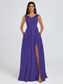 A-line V-neck Pleated Floor-Length Satin Bridesmaid Dress